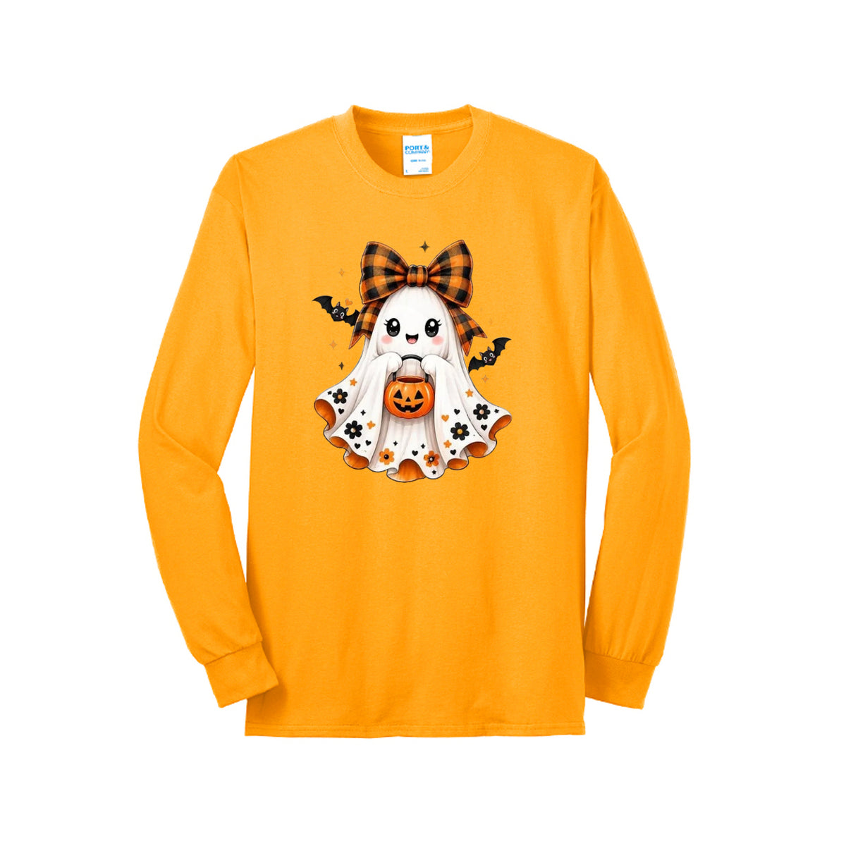Front view of a gold long-sleeve T-shirt showing a smiling ghost wearing an orange-and-black bow and holding a pumpkin bucket, with floral and bat accents.