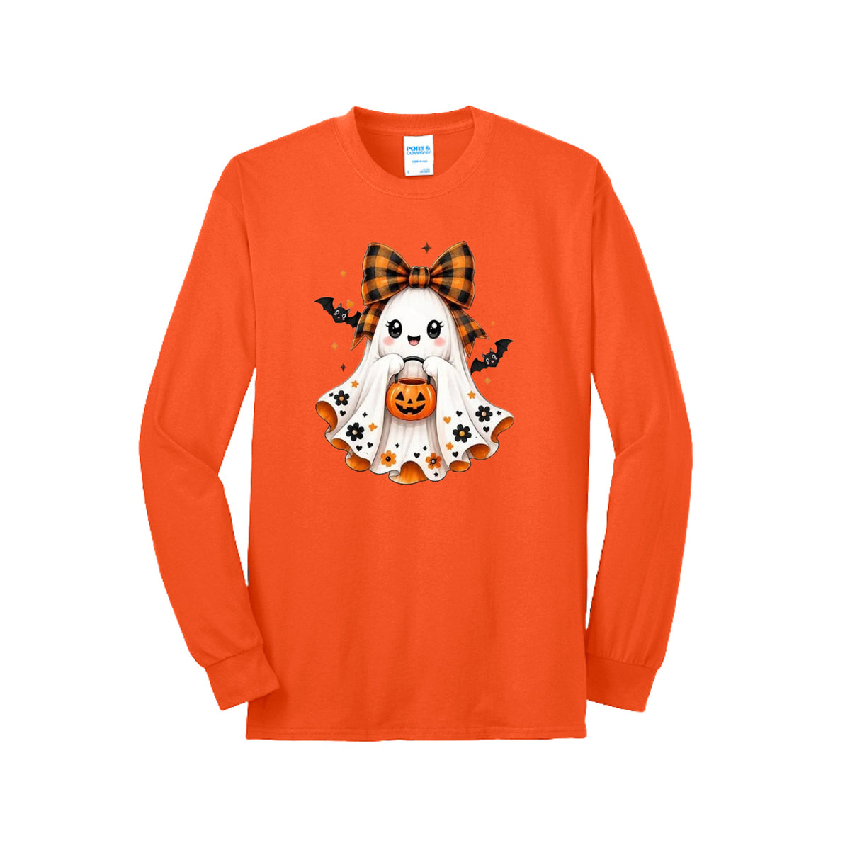 Front view of a long-sleeve T-shirt showing a smiling ghost wearing an orange-and-black bow and holding a pumpkin bucket, with floral and bat accents.