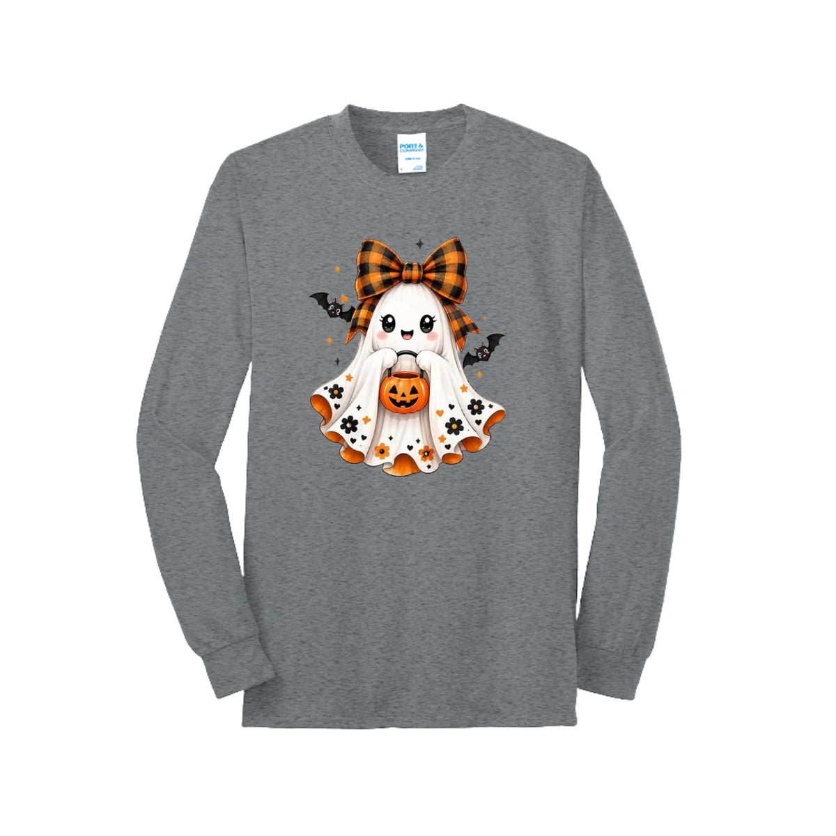 Front view of a gray long-sleeve T-shirt showing a smiling ghost wearing an orange-and-black bow and holding a pumpkin bucket, with floral and bat accents.