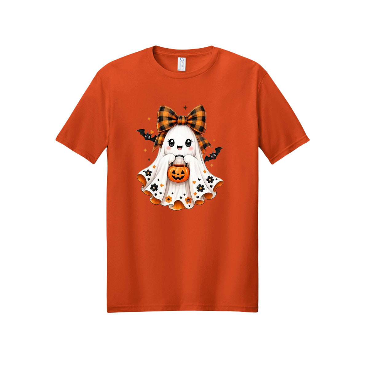 Front view of a orange short-sleeve T-shirt showing a smiling ghost wearing an orange-and-black bow and holding a pumpkin bucket, with floral and bat accents.