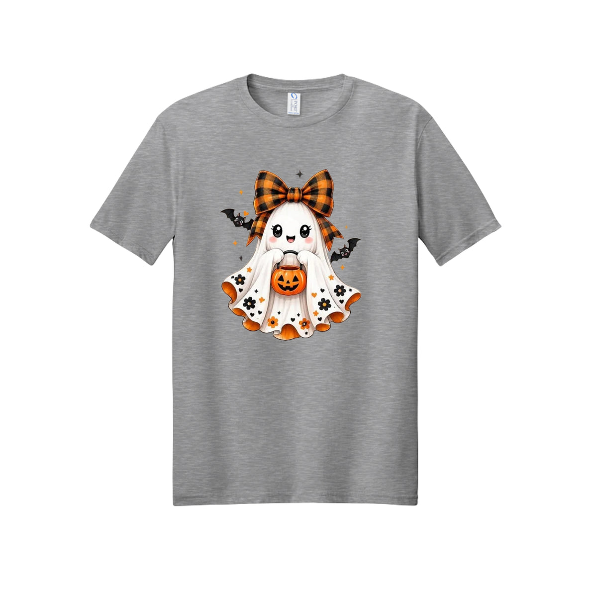 Front view of a gray short-sleeve T-shirt showing a smiling ghost wearing an orange-and-black bow and holding a pumpkin bucket, with floral and bat accents.