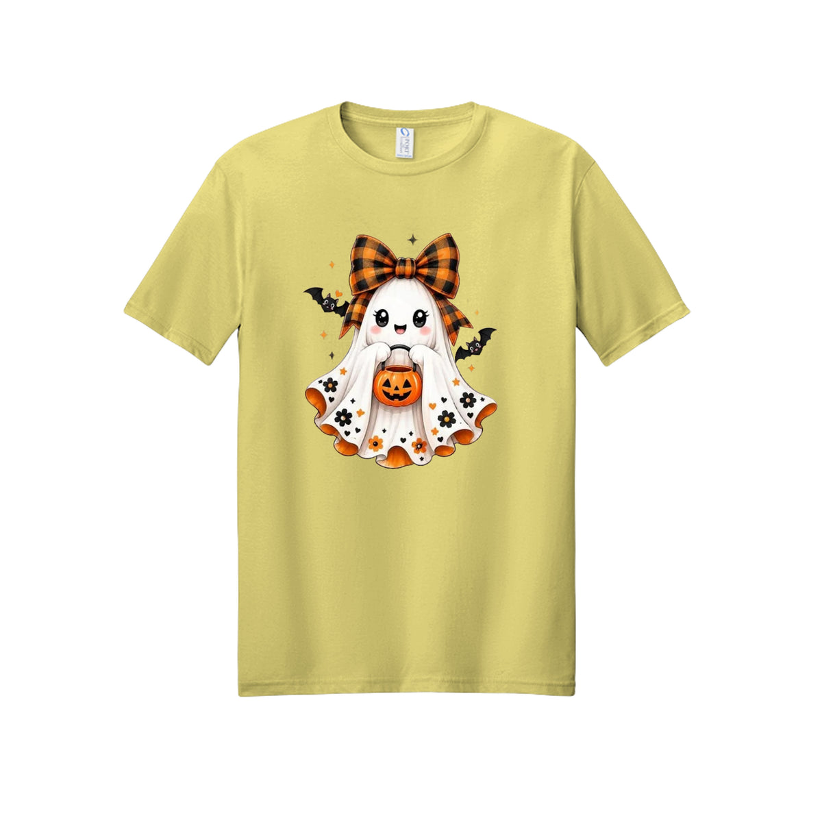 Front view of a yellow short-sleeve T-shirt showing a smiling ghost wearing an orange-and-black bow and holding a pumpkin bucket, with floral and bat accents.