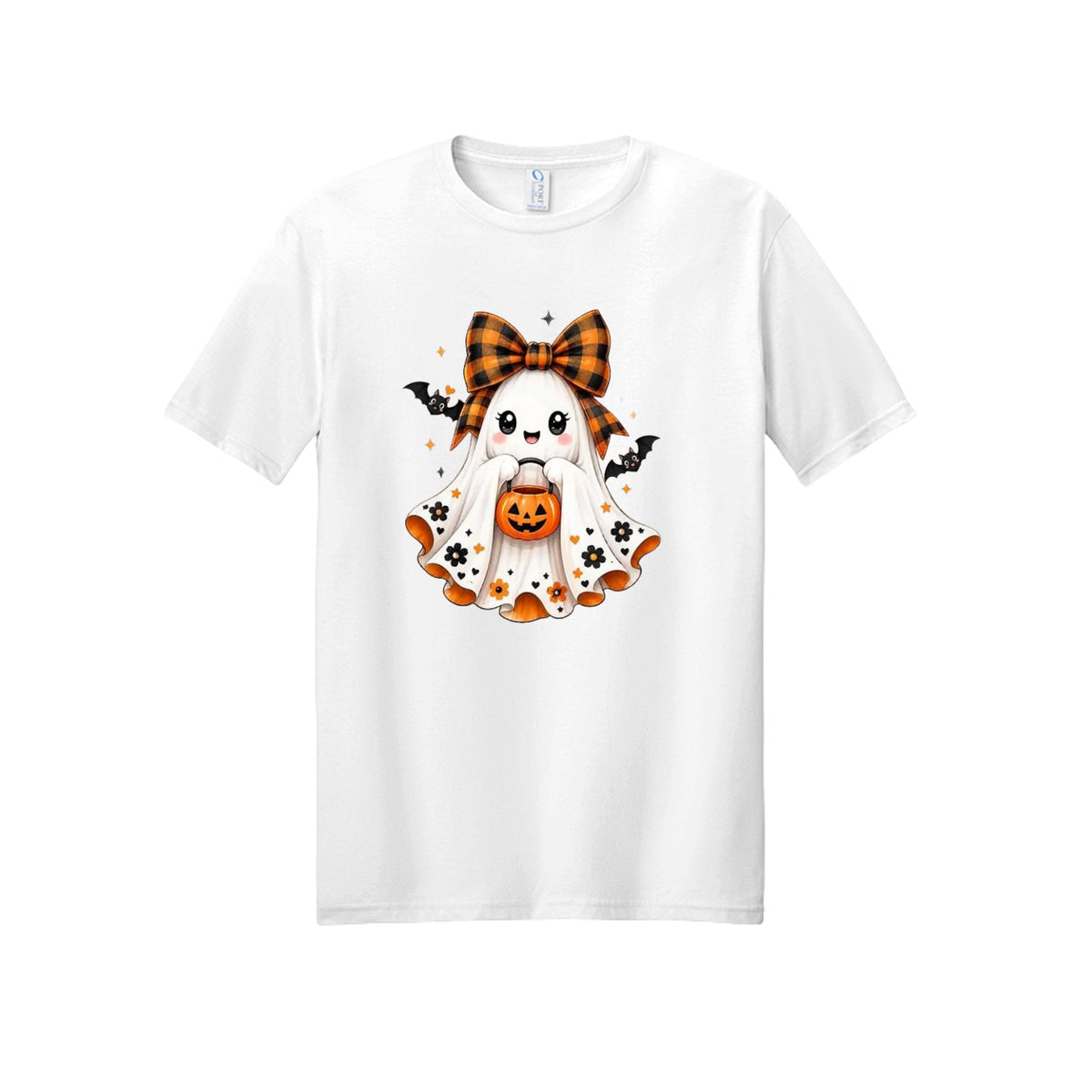 Front view of a white short-sleeve T-shirt showing a smiling ghost wearing an orange-and-black bow and holding a pumpkin bucket, with floral and bat accents.
