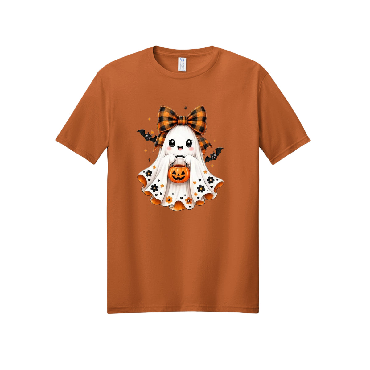 Front view of a orange short-sleeve T-shirt showing a smiling ghost wearing an orange-and-black bow and holding a pumpkin bucket, with floral and bat accents.