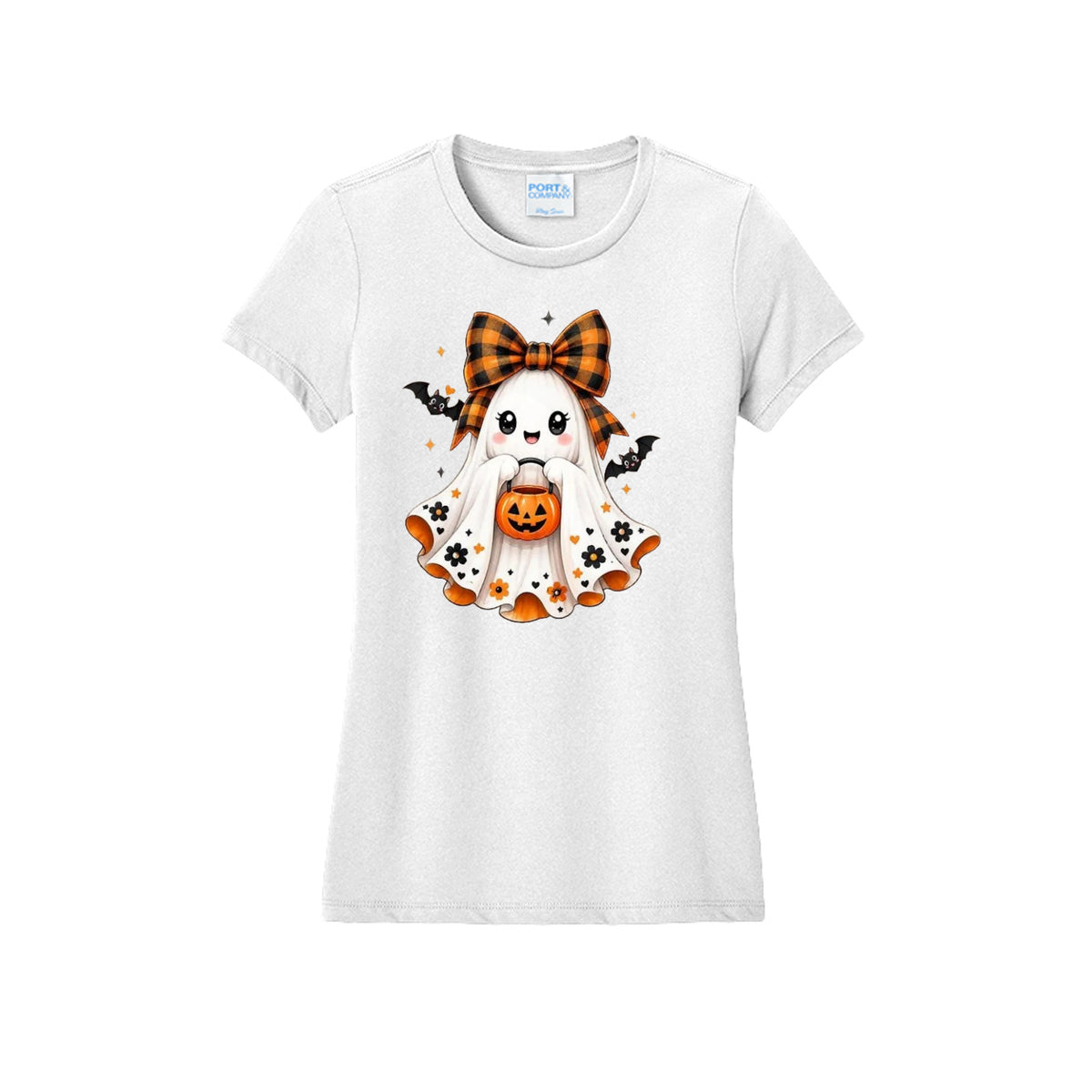 Front view of a white fitted short-sleeve T-shirt showing a smiling ghost wearing an orange-and-black bow and holding a pumpkin bucket, with floral and bat accents.