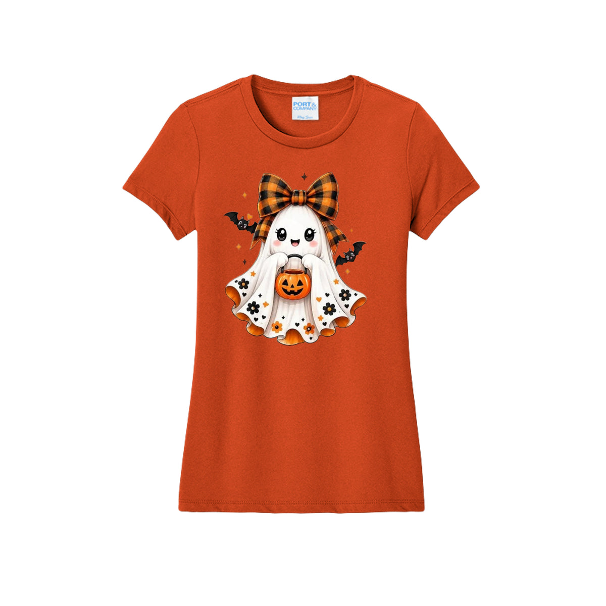 Front view of a orange fitted short-sleeve T-shirt showing a smiling ghost wearing an orange-and-black bow and holding a pumpkin bucket, with floral and bat accents.