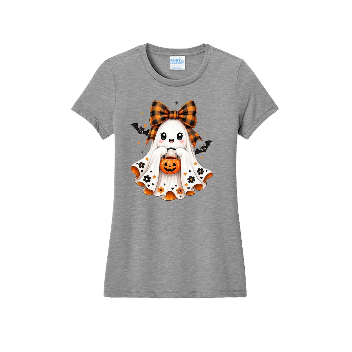 Front view of a gray fitted short-sleeve T-shirt showing a smiling ghost wearing an orange-and-black bow and holding a pumpkin bucket, with floral and bat accents.