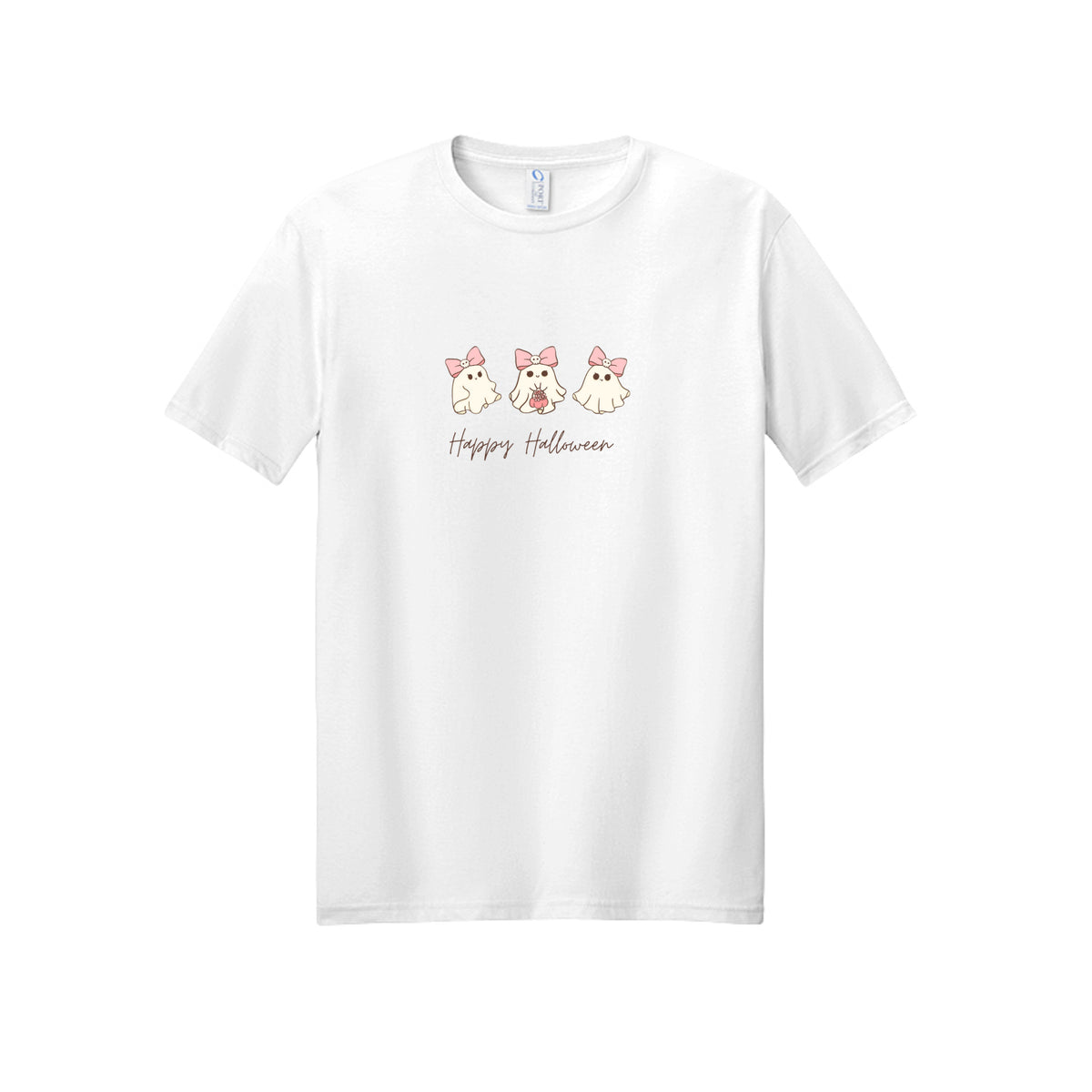 Front view of a white short-sleeve T-shirt showing three cream ghosts wearing pink skull-accented bows above Happy Halloween script.