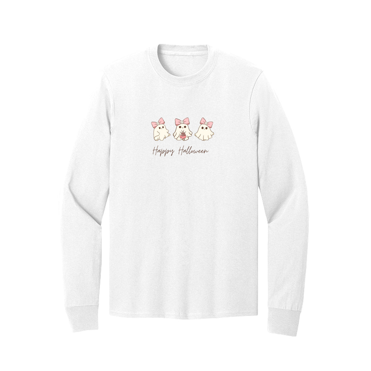 Front view of a white long-sleeve T-shirt showing three cream ghosts wearing pink skull-accented bows above Happy Halloween script.