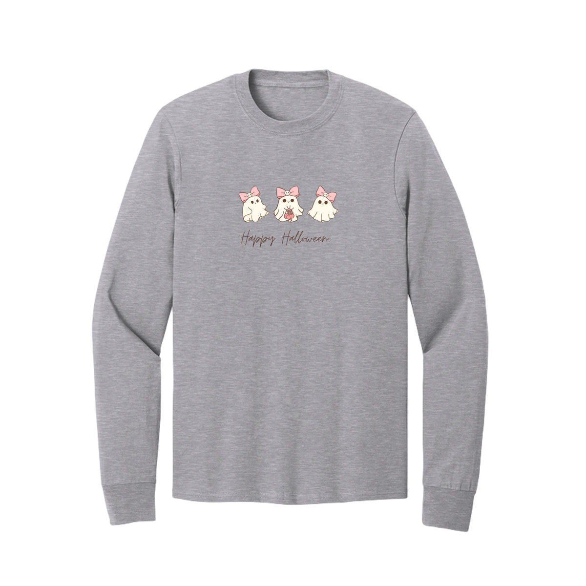 Front view of a gray long-sleeve T-shirt showing three cream ghosts wearing pink skull-accented bows above Happy Halloween script.