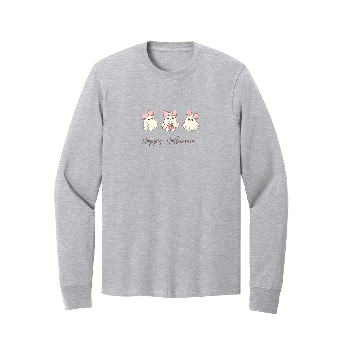 Front view of a long-sleeve T-shirt showing three cream ghosts wearing pink skull-accented bows above Happy Halloween script.