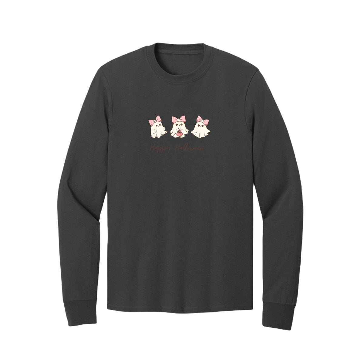Front view of a black long-sleeve T-shirt showing three cream ghosts wearing pink skull-accented bows above Happy Halloween script.