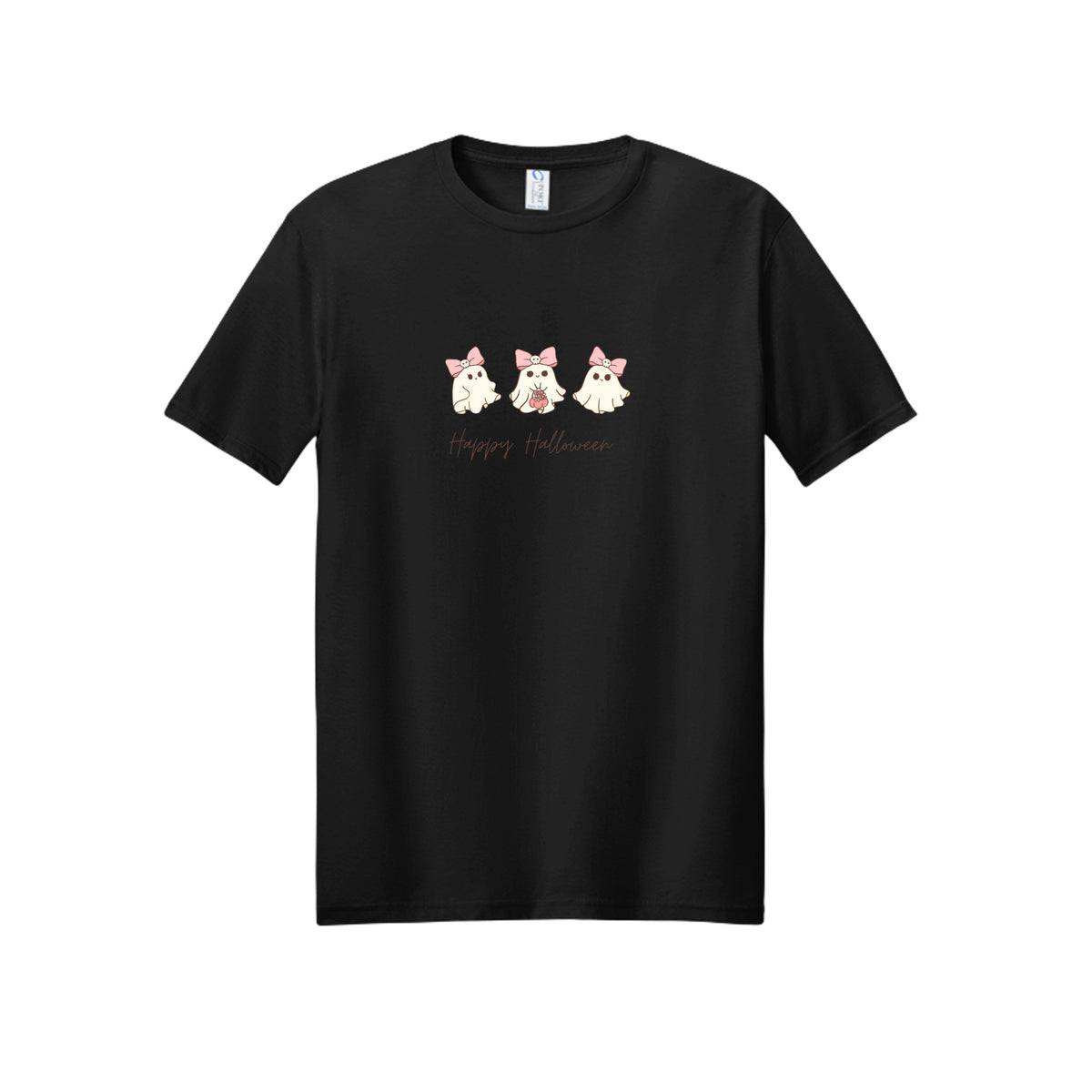 Front view of a black short-sleeve T-shirt showing three cream ghosts wearing pink skull-accented bows above Happy Halloween script.