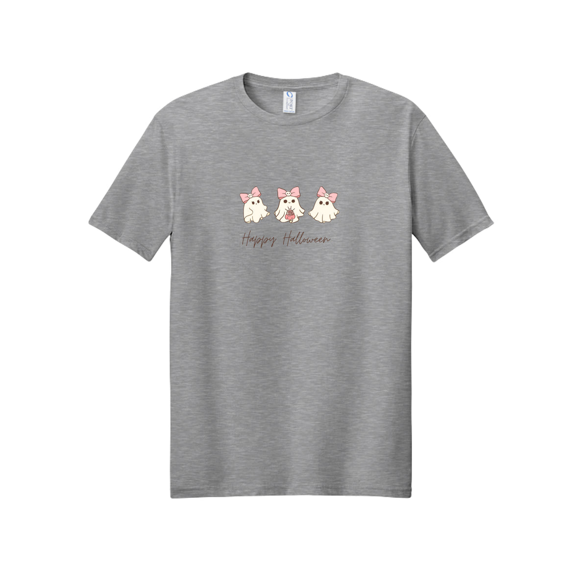 Front view of a gray short-sleeve T-shirt showing three cream ghosts wearing pink skull-accented bows above Happy Halloween script.