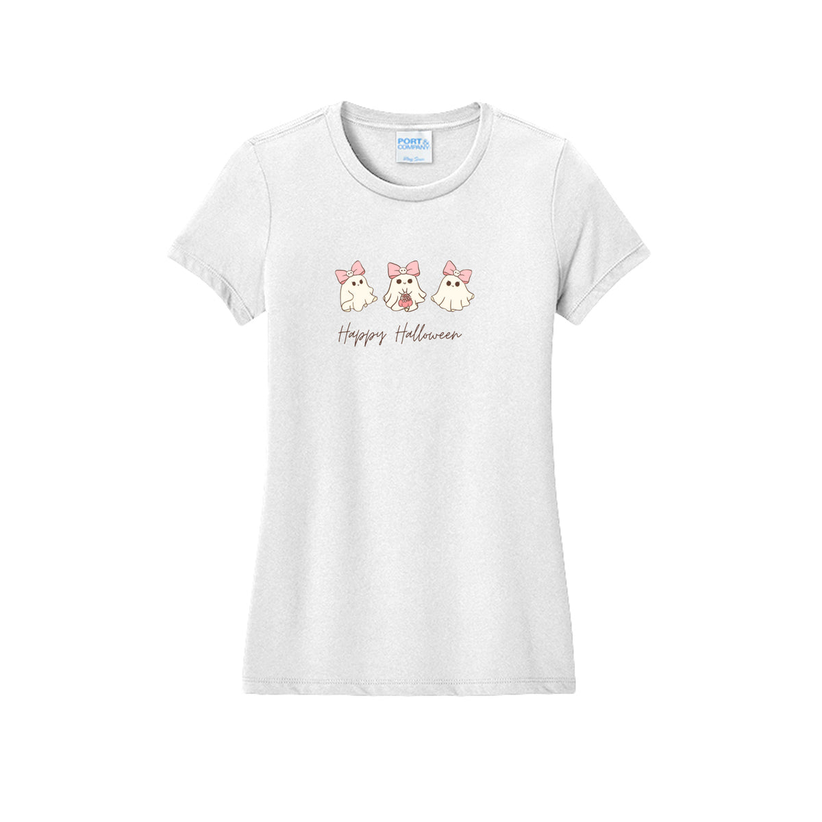 Front view of a white fitted short-sleeve T-shirt showing three cream ghosts wearing pink skull-accented bows above Happy Halloween script.