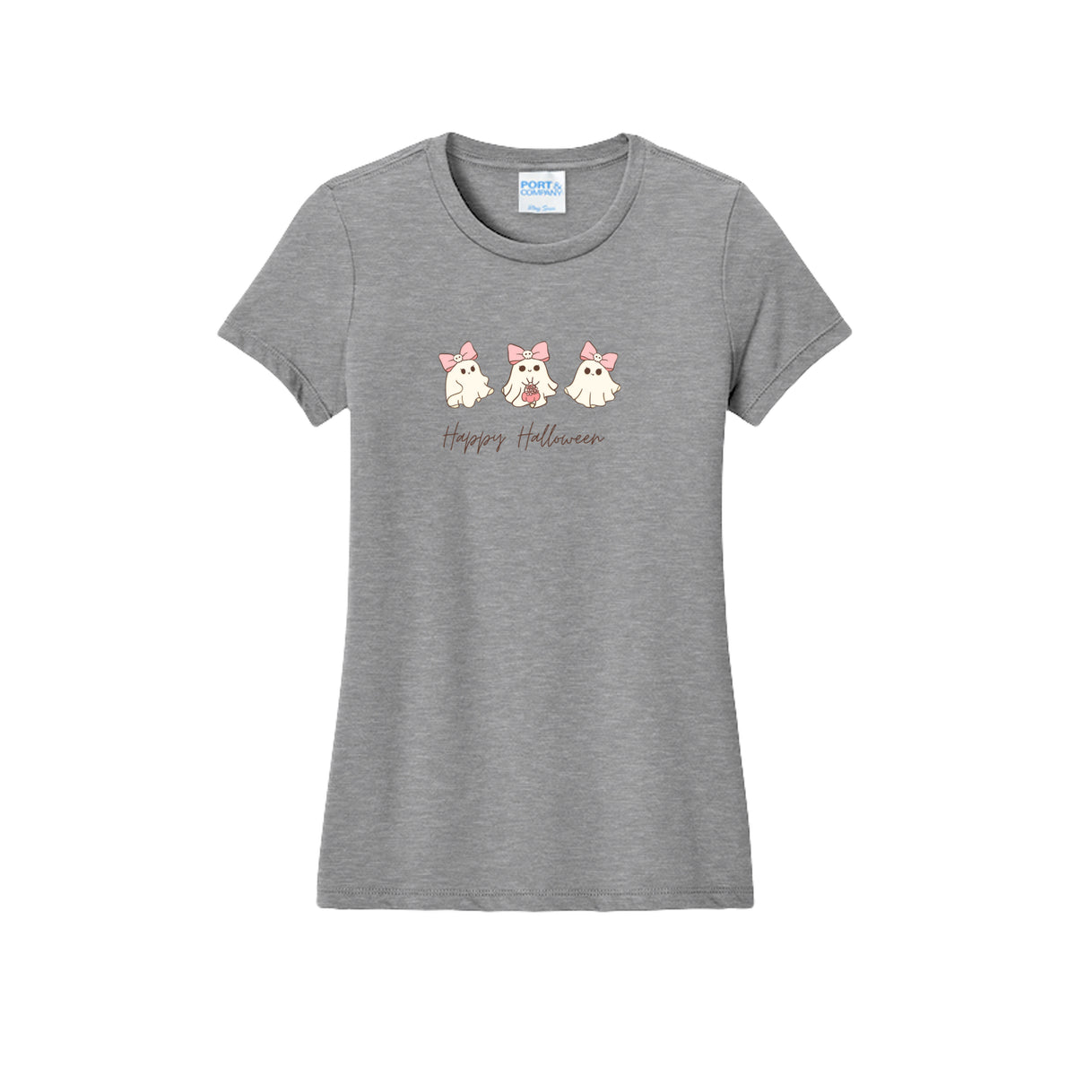 Front view of a gray fitted short-sleeve T-shirt showing three cream ghosts wearing pink skull-accented bows above Happy Halloween script.