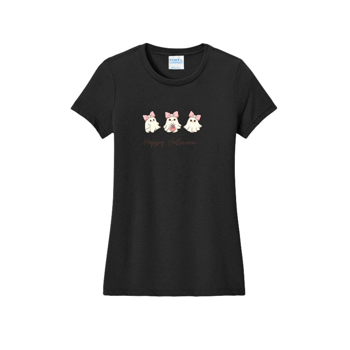 Front view of a black fitted short-sleeve T-shirt showing three cream ghosts wearing pink skull-accented bows above Happy Halloween script.
