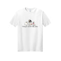 Front view of a white short-sleeve T-shirt showing three ghosts with a microphone, witch hat and broom, pumpkin bucket, and pink book.