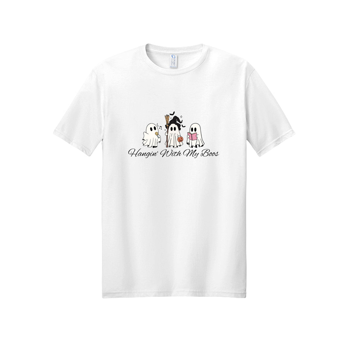 Front view of a white short-sleeve T-shirt showing three ghosts with a microphone, witch hat and broom, pumpkin bucket, and pink book.