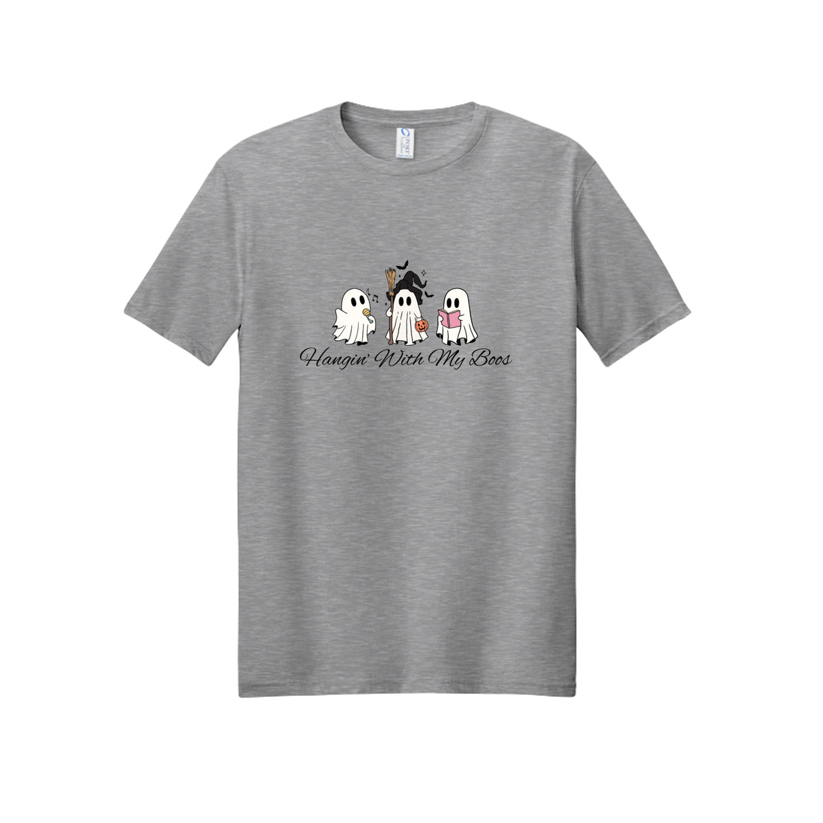 Front view of a gray short-sleeve T-shirt showing three ghosts with a microphone, witch hat and broom, pumpkin bucket, and pink book.