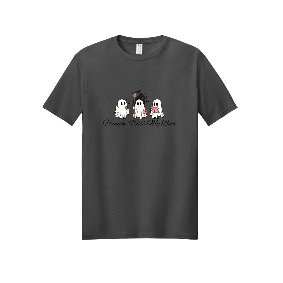 Front view of a gray short-sleeve T-shirt showing three ghosts with a microphone, witch hat and broom, pumpkin bucket, and pink book.