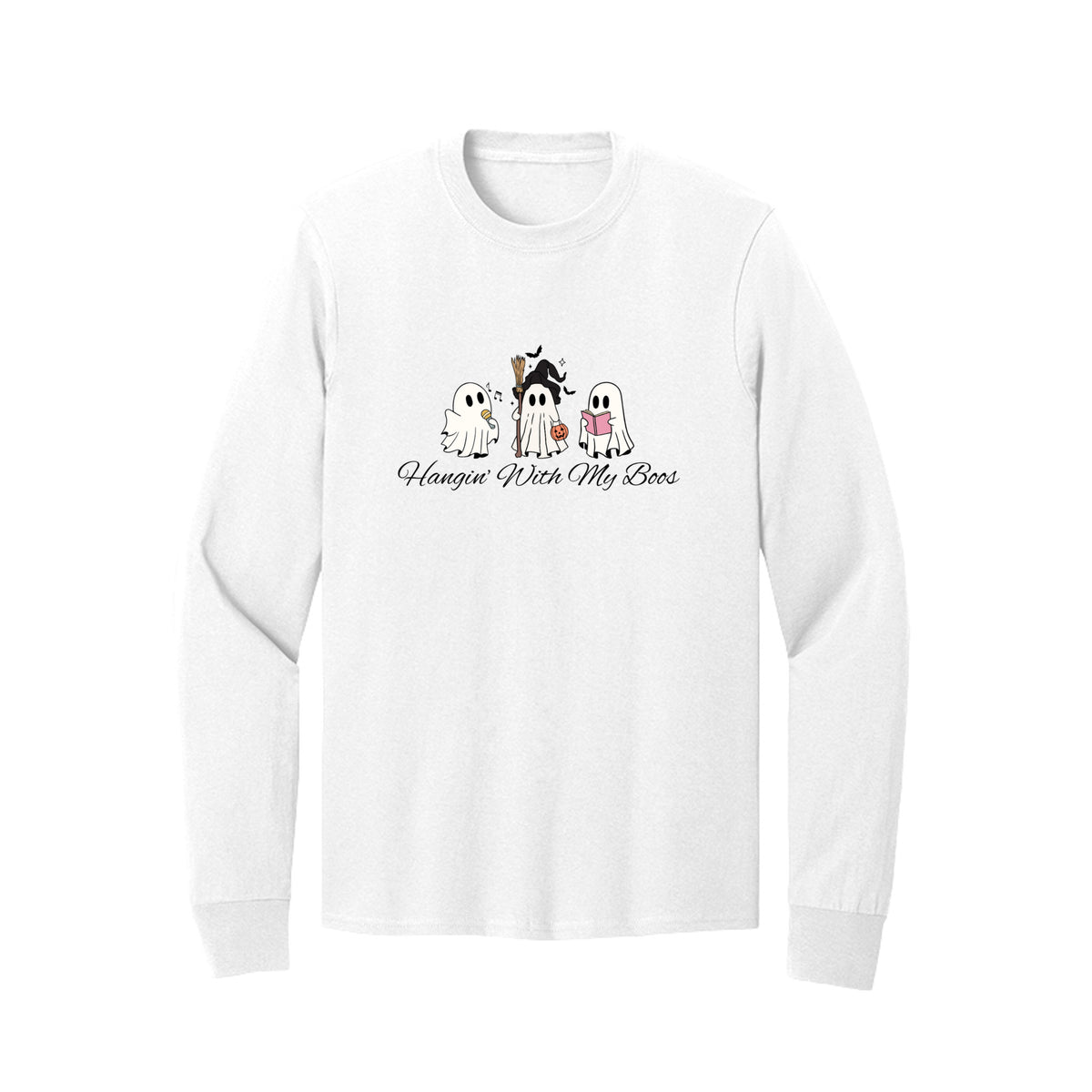 Front view of a white long-sleeve T-shirt showing three ghosts with a microphone, witch hat and broom, pumpkin bucket, and pink book.