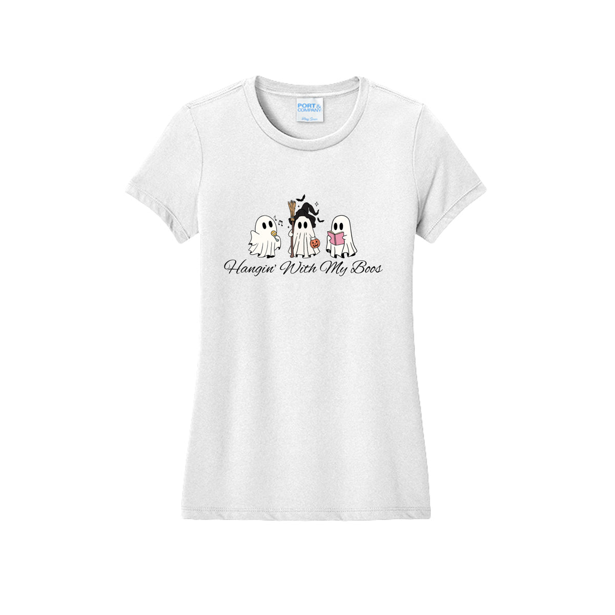 Front view of a white fitted short-sleeve T-shirt showing three ghosts with a microphone, witch hat and broom, pumpkin bucket, and pink book.