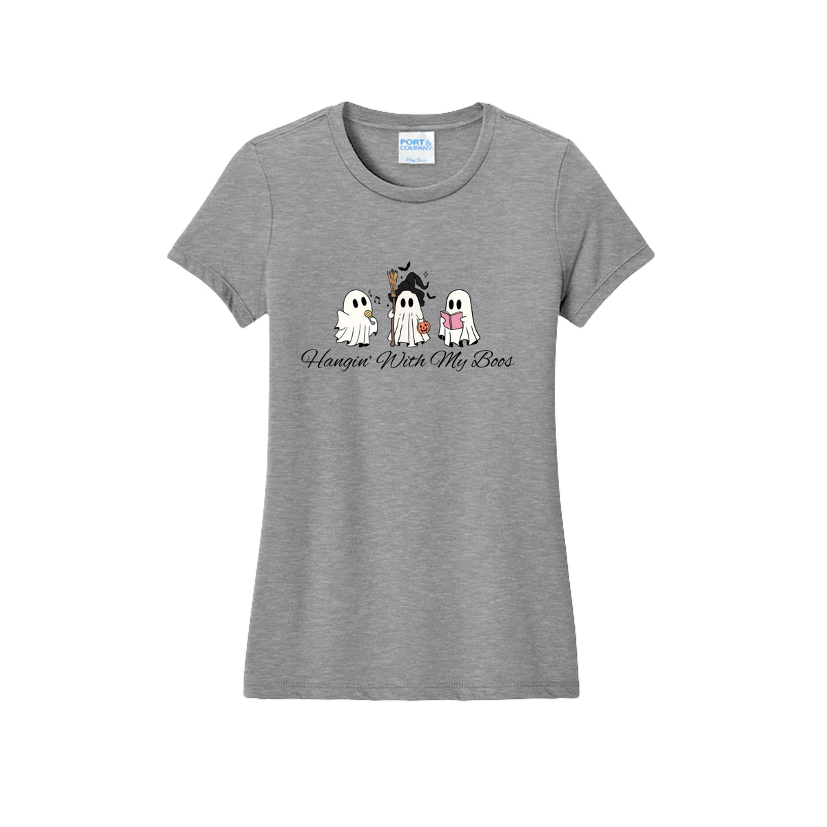 Front view of a gray fitted short-sleeve T-shirt showing three ghosts with a microphone, witch hat and broom, pumpkin bucket, and pink book.