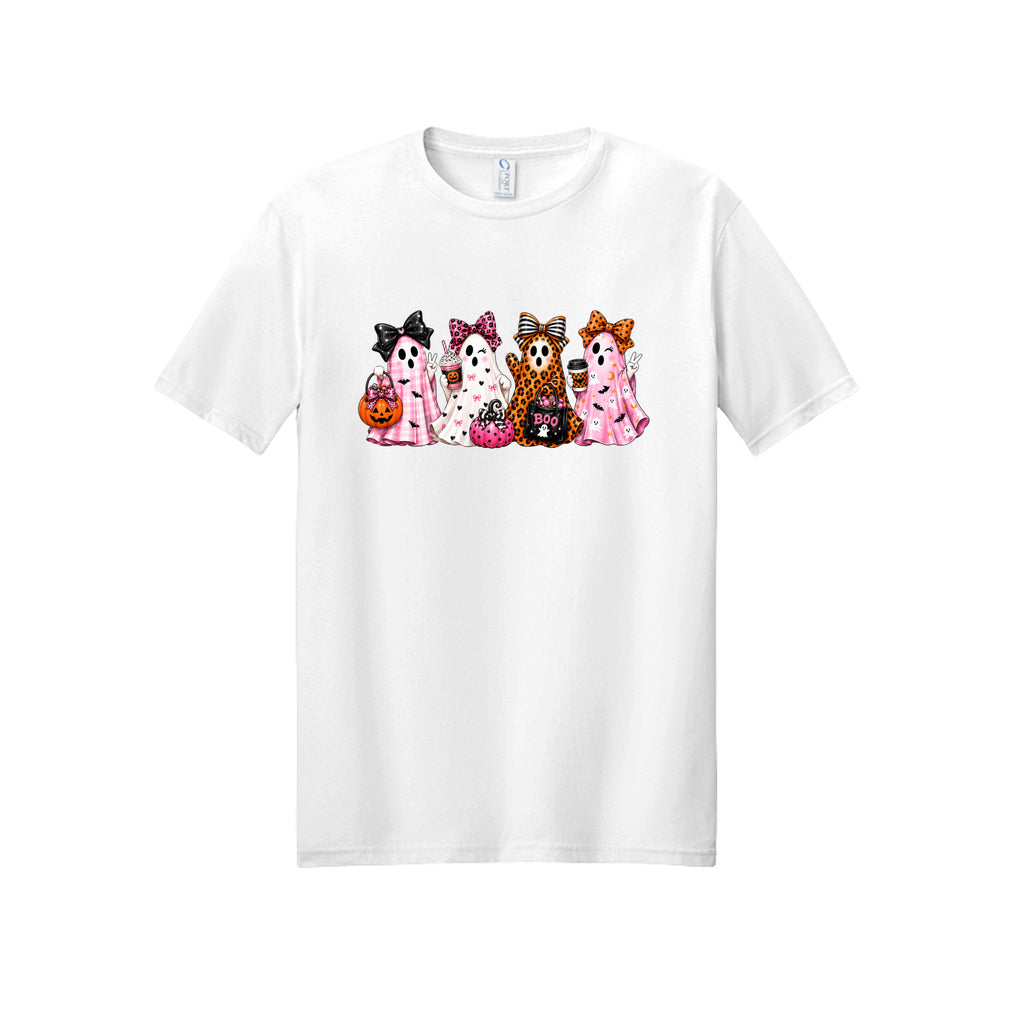 Front view of a white short-sleeve T-shirt showing four ghosts in pink plaid, leopard print, and Halloween patterns, wearing large bows and holding drinks and candy buckets.