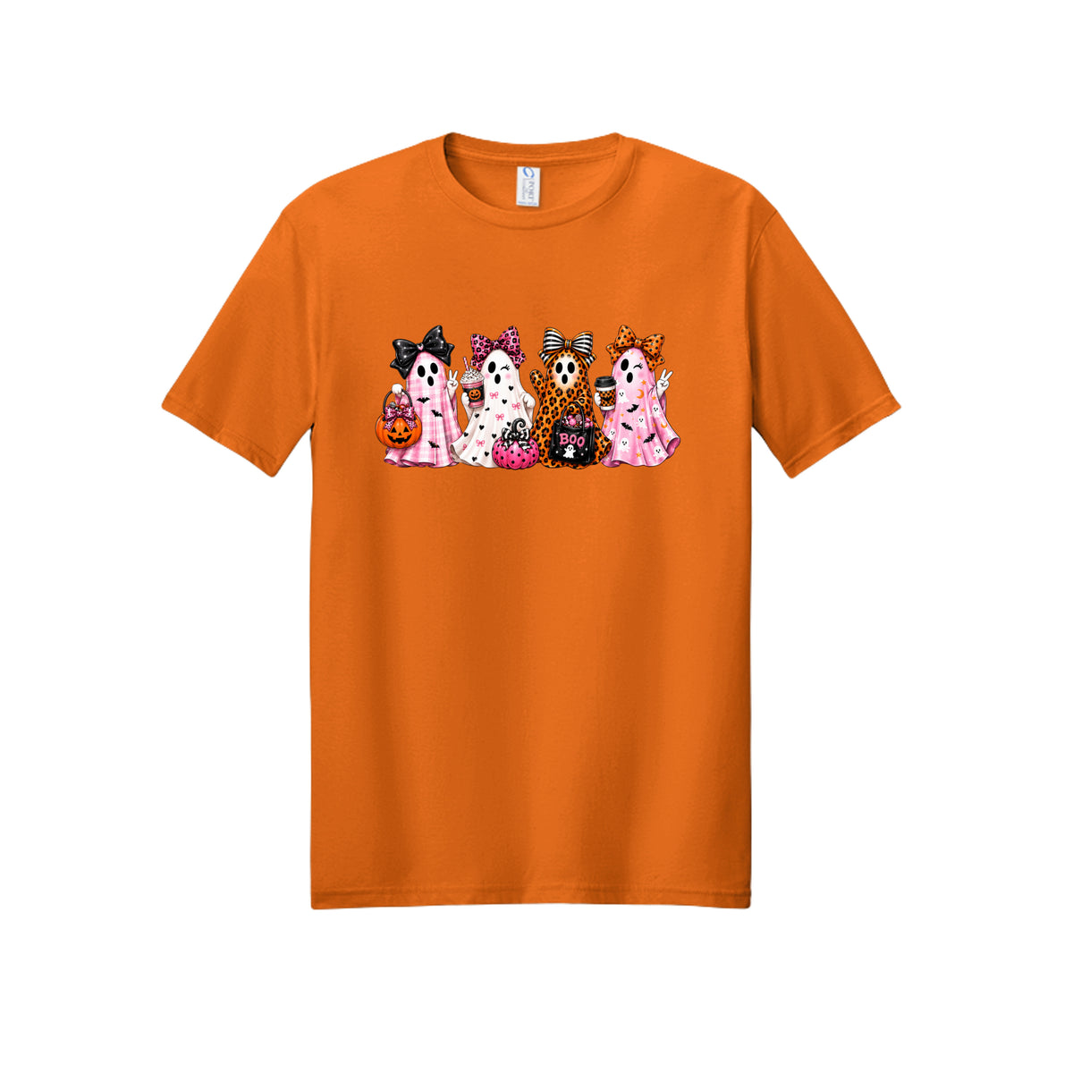 Front view of a orange short-sleeve T-shirt showing four ghosts in pink plaid, leopard print, and Halloween patterns, wearing large bows and holding drinks and candy buckets.
