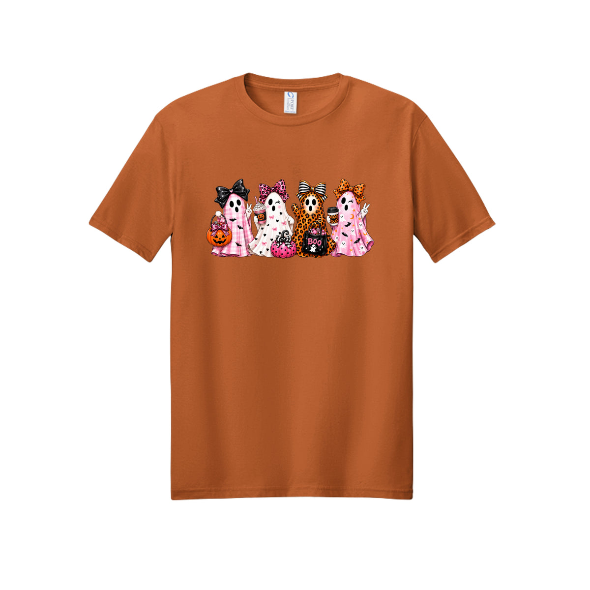 Front view of a orange short-sleeve T-shirt showing four ghosts in pink plaid, leopard print, and Halloween patterns, wearing large bows and holding drinks and candy buckets.