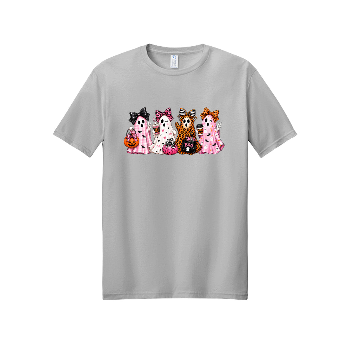 Front view of a short-sleeve T-shirt showing four ghosts in pink plaid, leopard print, and Halloween patterns, wearing large bows and holding drinks and candy buckets.