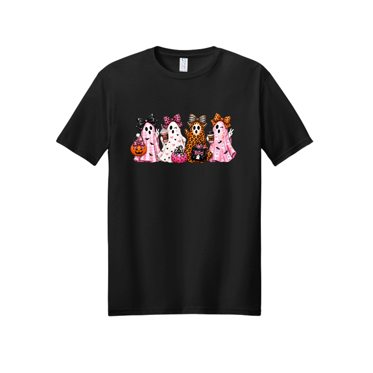 Front view of a black short-sleeve T-shirt showing four ghosts in pink plaid, leopard print, and Halloween patterns, wearing large bows and holding drinks and candy buckets.