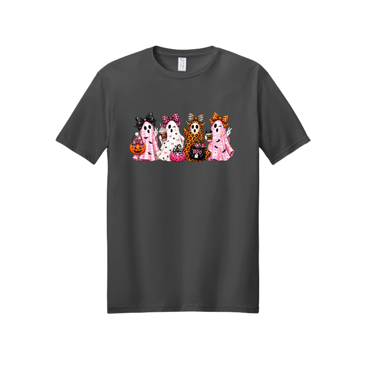 Front view of a gray short-sleeve T-shirt showing four ghosts in pink plaid, leopard print, and Halloween patterns, wearing large bows and holding drinks and candy buckets.