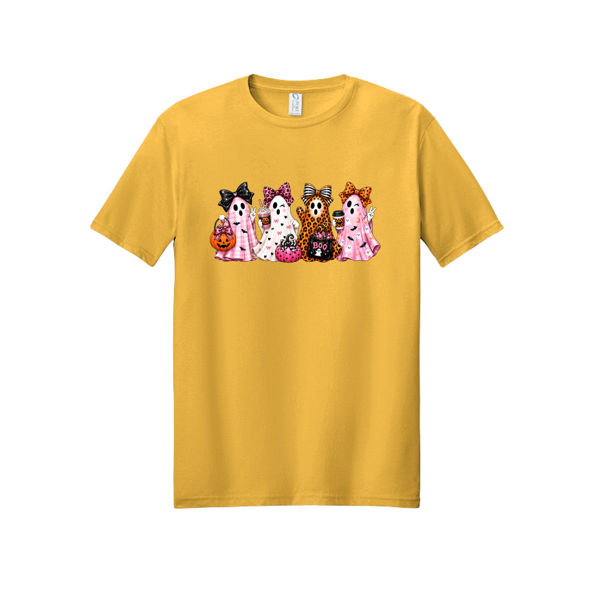 Front view of a gold short-sleeve T-shirt showing four ghosts in pink plaid, leopard print, and Halloween patterns, wearing large bows and holding drinks and candy buckets.