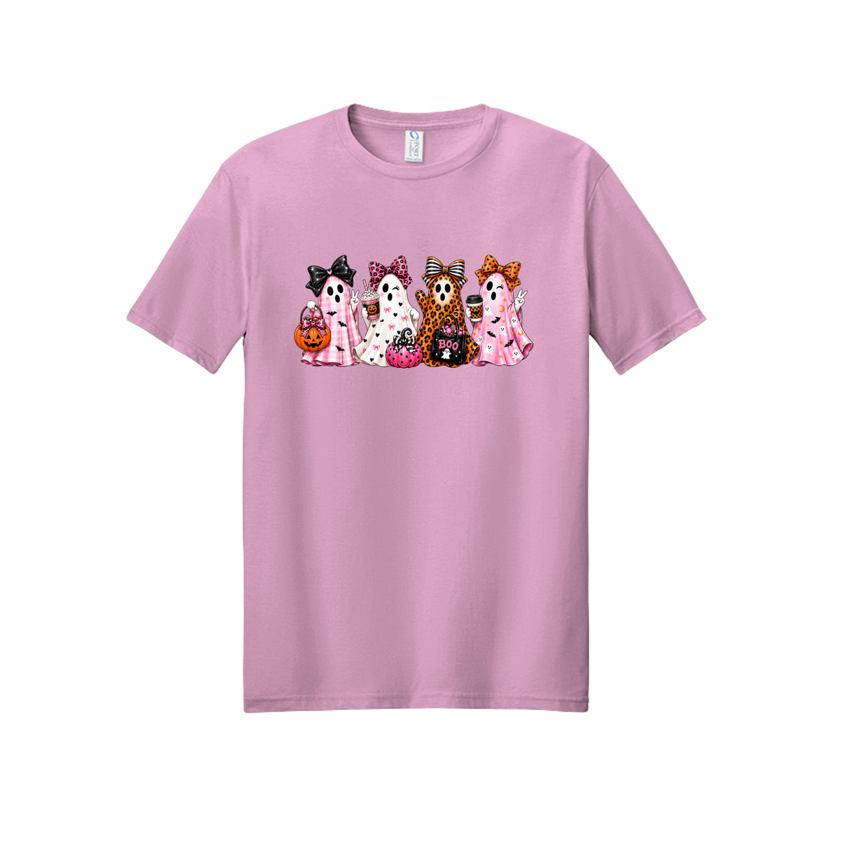 Front view of a light pink short-sleeve T-shirt showing four ghosts in pink plaid, leopard print, and Halloween patterns, wearing large bows and holding drinks and candy buckets.