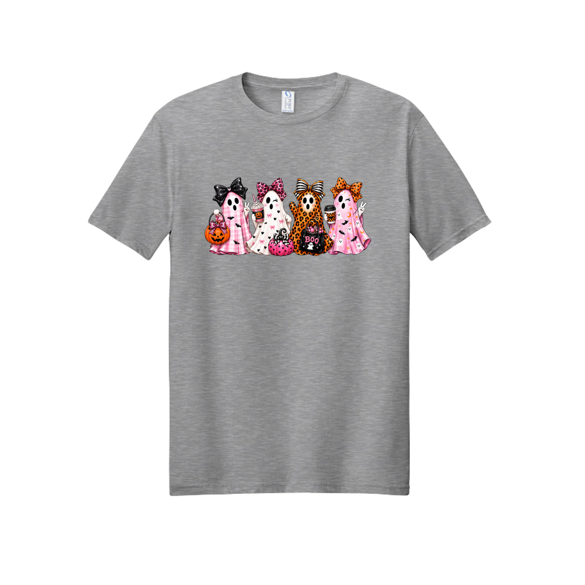 Front view of a gray short-sleeve T-shirt showing four ghosts in pink plaid, leopard print, and Halloween patterns, wearing large bows and holding drinks and candy buckets.