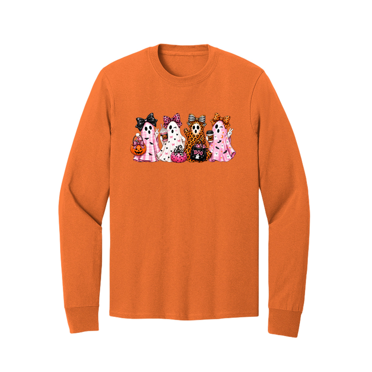 Front view of a orange long-sleeve T-shirt showing four ghosts in pink plaid, leopard print, and Halloween patterns, wearing large bows and holding drinks and candy buckets.