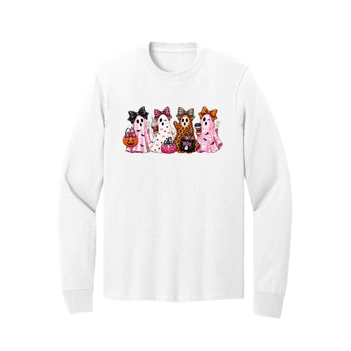 Front view of a white long-sleeve T-shirt showing four ghosts in pink plaid, leopard print, and Halloween patterns, wearing large bows and holding drinks and candy buckets.