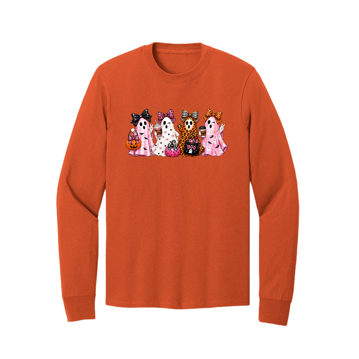 Front view of a orange long-sleeve T-shirt showing four ghosts in pink plaid, leopard print, and Halloween patterns, wearing large bows and holding drinks and candy buckets.