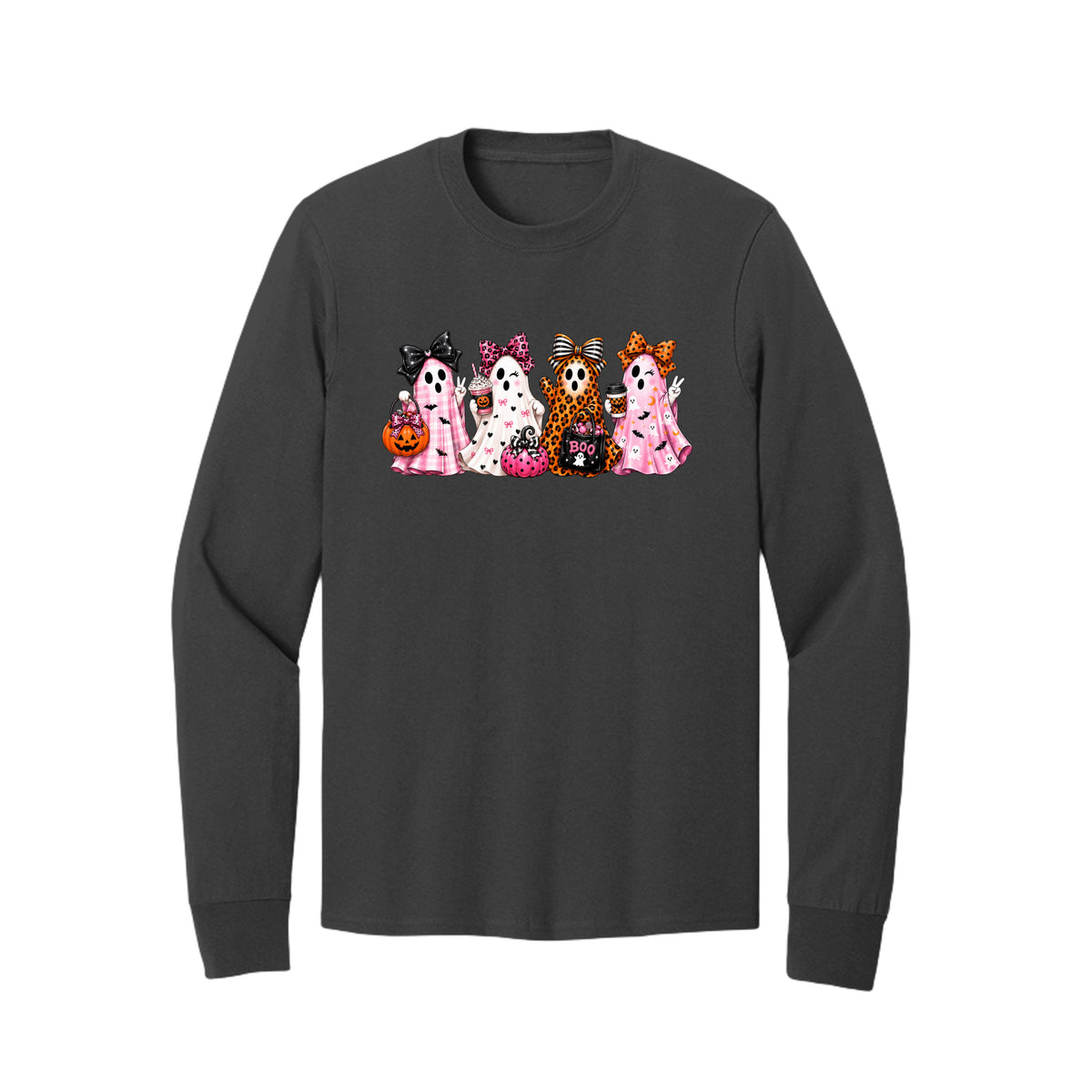 Front view of a black long-sleeve T-shirt showing four ghosts in pink plaid, leopard print, and Halloween patterns, wearing large bows and holding drinks and candy buckets.