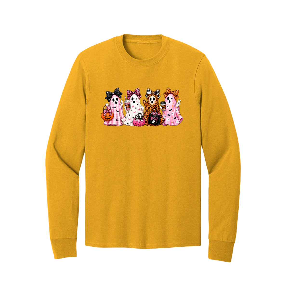 Front view of a gold long-sleeve T-shirt showing four ghosts in pink plaid, leopard print, and Halloween patterns, wearing large bows and holding drinks and candy buckets.
