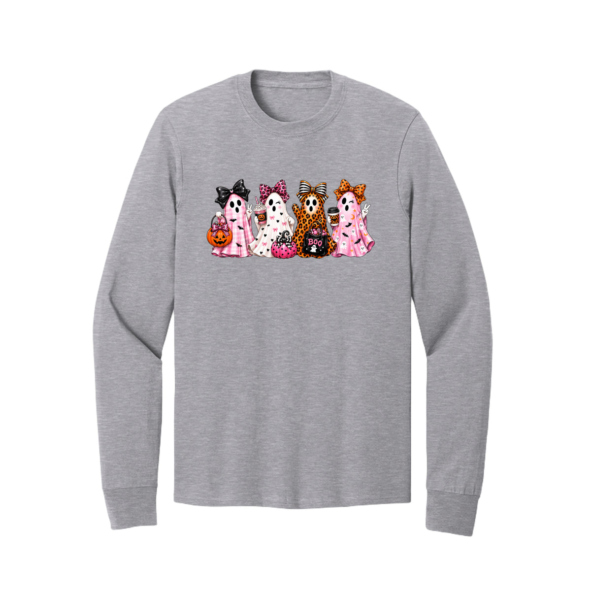 Front view of a gray long-sleeve T-shirt showing four ghosts in pink plaid, leopard print, and Halloween patterns, wearing large bows and holding drinks and candy buckets.