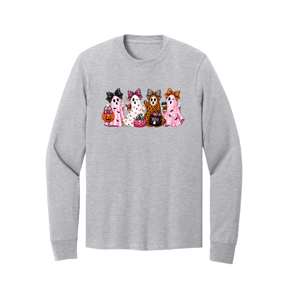 Front view of a long-sleeve T-shirt showing four ghosts in pink plaid, leopard print, and Halloween patterns, wearing large bows and holding drinks and candy buckets.