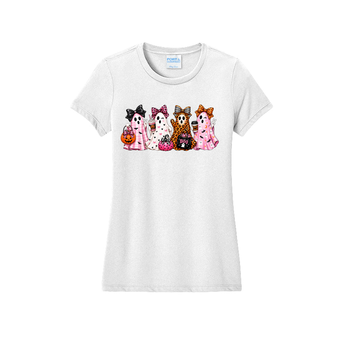 Front view of a white fitted short-sleeve T-shirt showing four ghosts in pink plaid, leopard print, and Halloween patterns, wearing large bows and holding drinks and candy buckets.