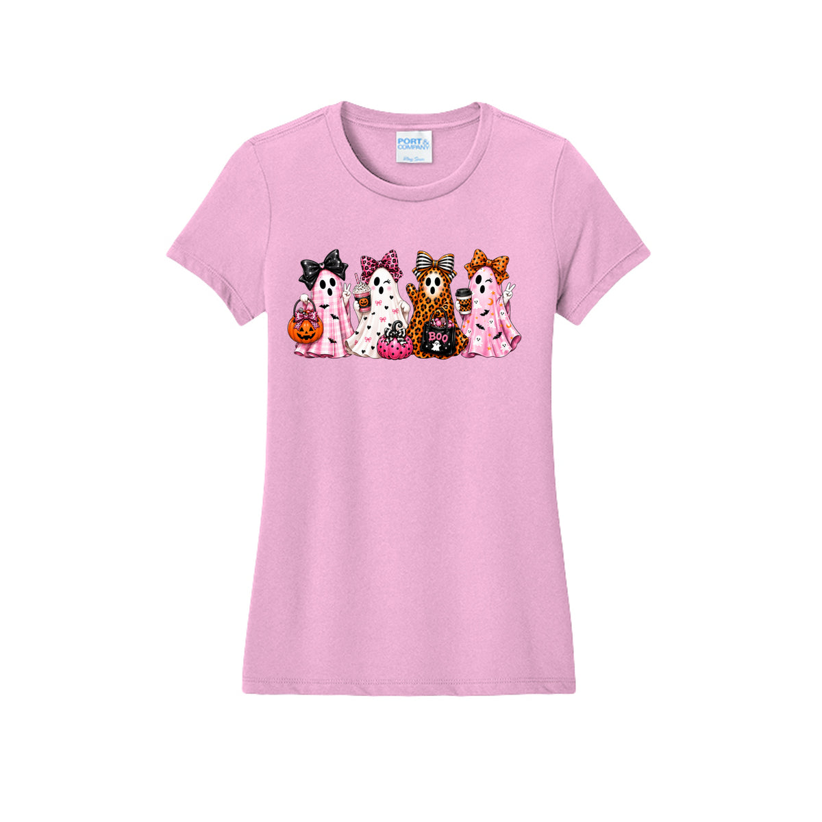 Front view of a light pink fitted short-sleeve T-shirt showing four ghosts in pink plaid, leopard print, and Halloween patterns, wearing large bows and holding drinks and candy buckets.
