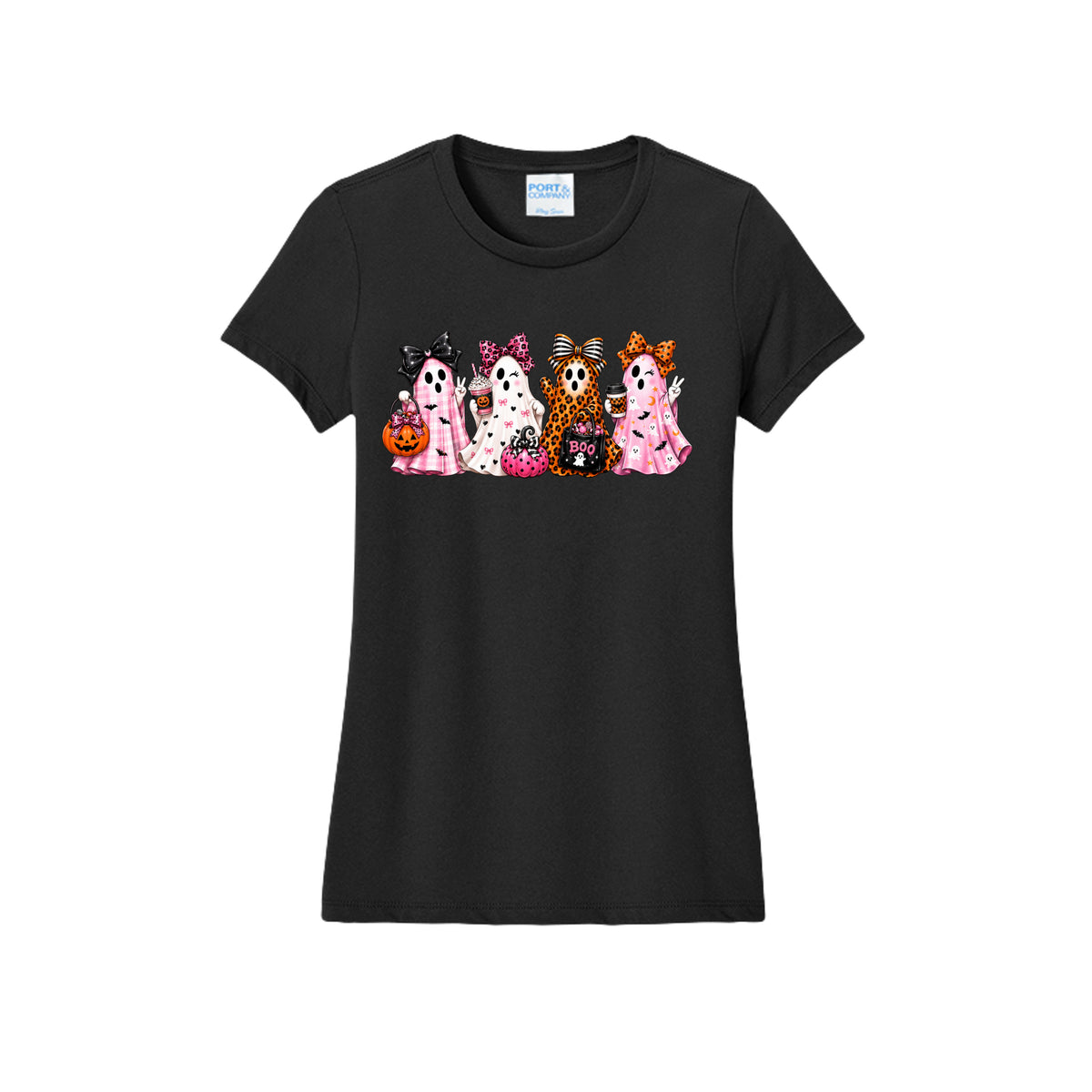 Front view of a black fitted short-sleeve T-shirt showing four ghosts in pink plaid, leopard print, and Halloween patterns, wearing large bows and holding drinks and candy buckets.