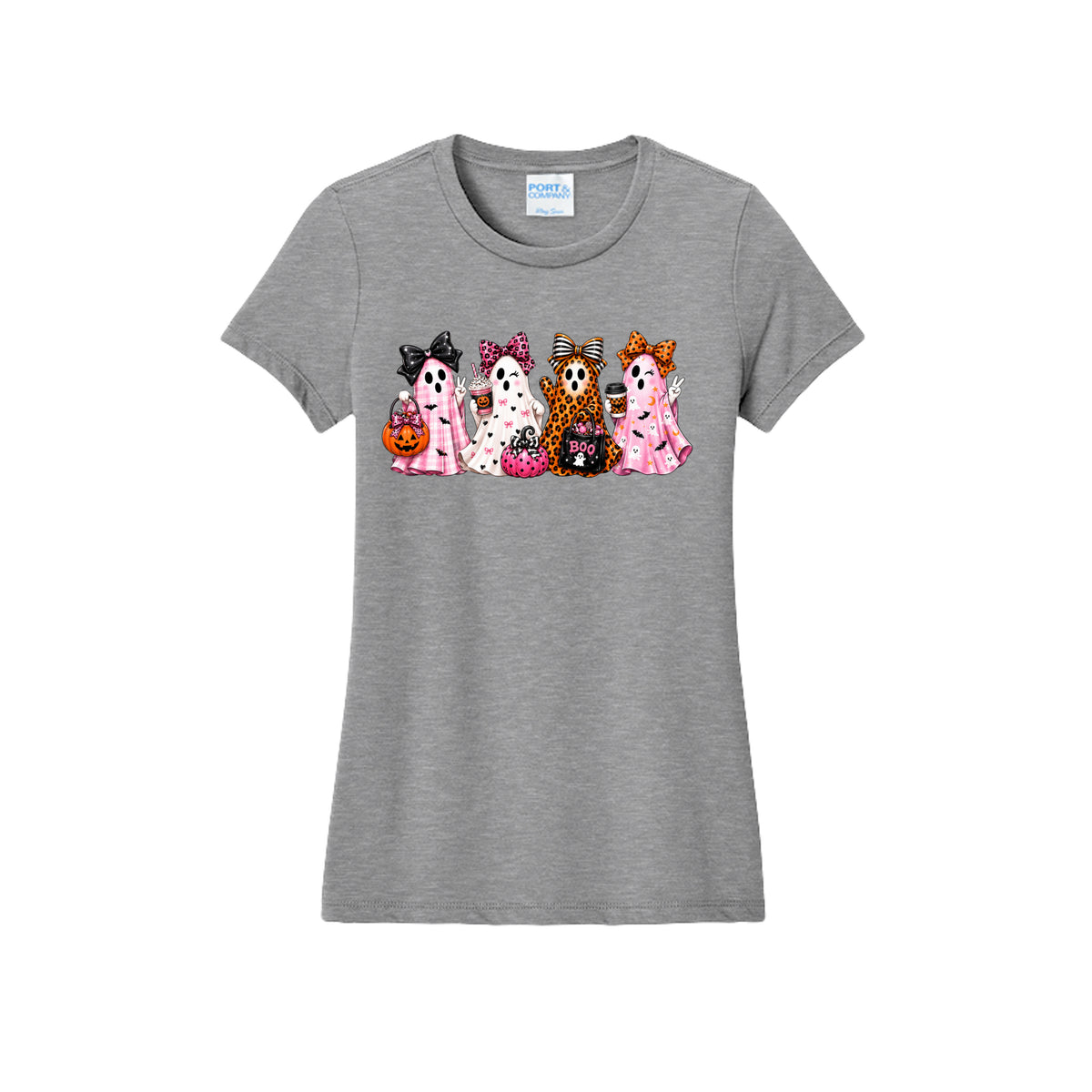 Front view of a gray fitted short-sleeve T-shirt showing four ghosts in pink plaid, leopard print, and Halloween patterns, wearing large bows and holding drinks and candy buckets.