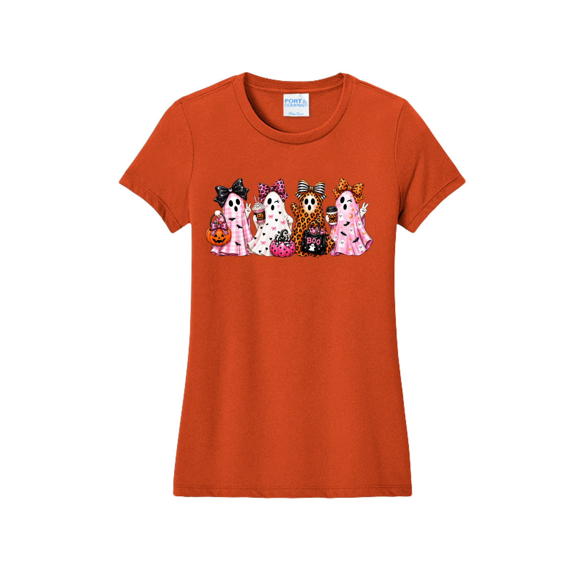 Front view of a orange fitted short-sleeve T-shirt showing four ghosts in pink plaid, leopard print, and Halloween patterns, wearing large bows and holding drinks and candy buckets.